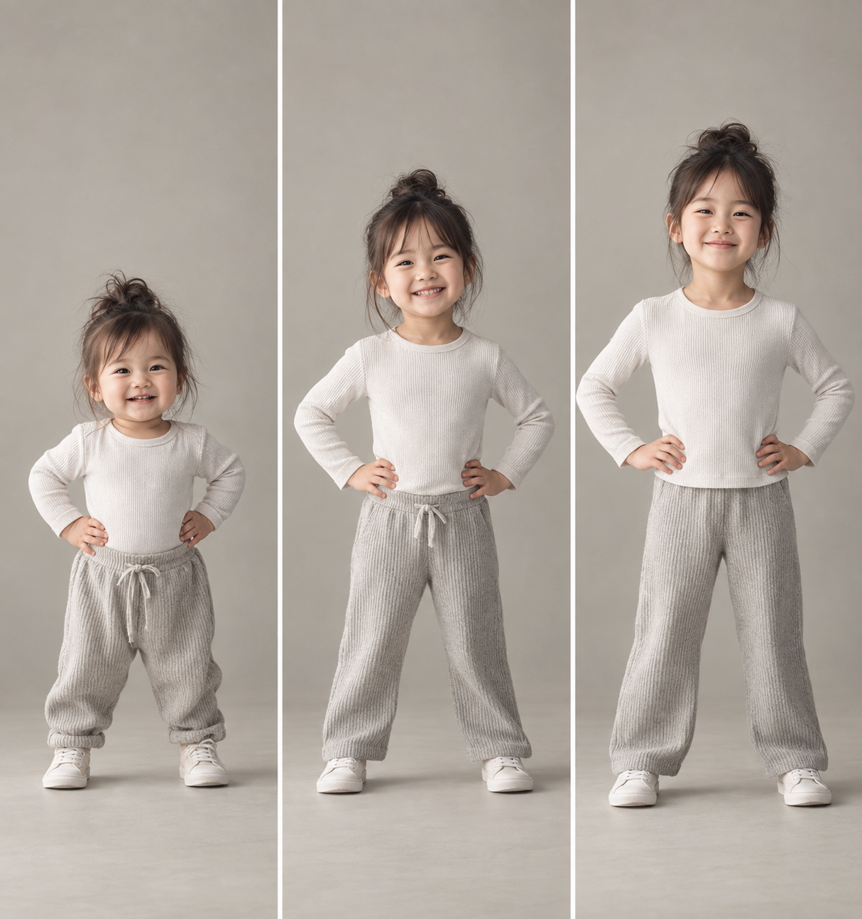 Three photos showing a child growing in the same pose